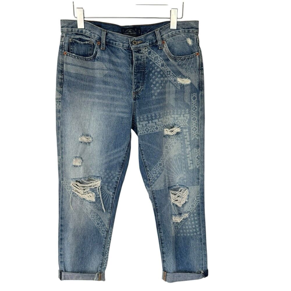 Lucky Brand Jeans Blue Sienna Slim Boyfriend Distressed Ripped Boho Tribal 10/30